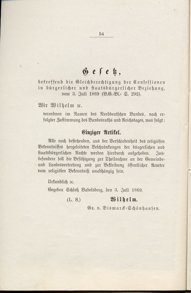 Gesetz des Norddeutschen Bundes "betreffend die Gleichberechtigung der Confessionen in bürgerlichen und staatsbürgerlicher Beziehung", 3. Juli 1869