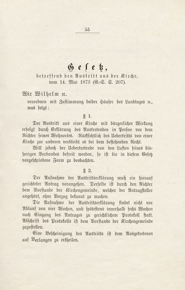 Gesetz des Königreichs Preußen "betreffend den Austritt aus der Kirche", 14. Mai 1873