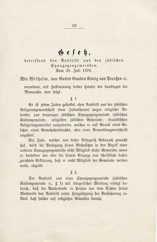 Gesetz des Königreichs Preußen "betreffend den Austritt aus den jüdischen Synagogengemeinden", 28. Juli 1876