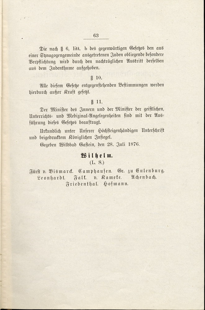 Gesetz des Königreichs Preußen "betreffend den Austritt aus den jüdischen Synagogengemeinden", 28. Juli 1876