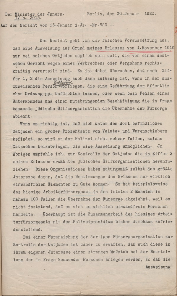 Schreiben des Preußischen Ministers des Innern an den Oberpräsidenten in Kassel mit einer Präzisierung der Maßnahmen gegen Ostjuden, 30. Januar 1920, mit Weiterleitung und Kommentierung an den Regierungspräsidenten in Kassel, 9. Februar 1920