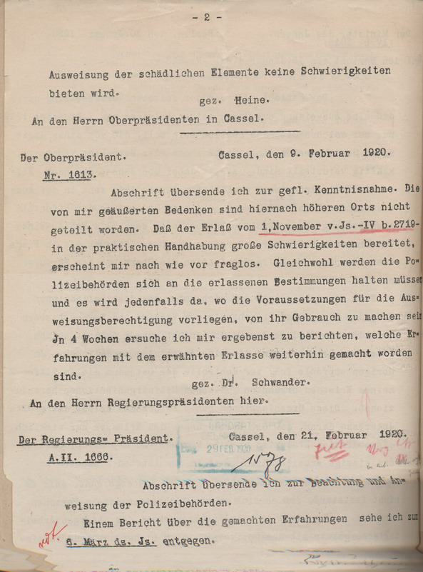 Schreiben des Preußischen Ministers des Innern an den Oberpräsidenten in Kassel mit einer Präzisierung der Maßnahmen gegen Ostjuden, 30. Januar 1920, mit Weiterleitung und Kommentierung an den Regierungspräsidenten in Kassel, 9. Februar 1920