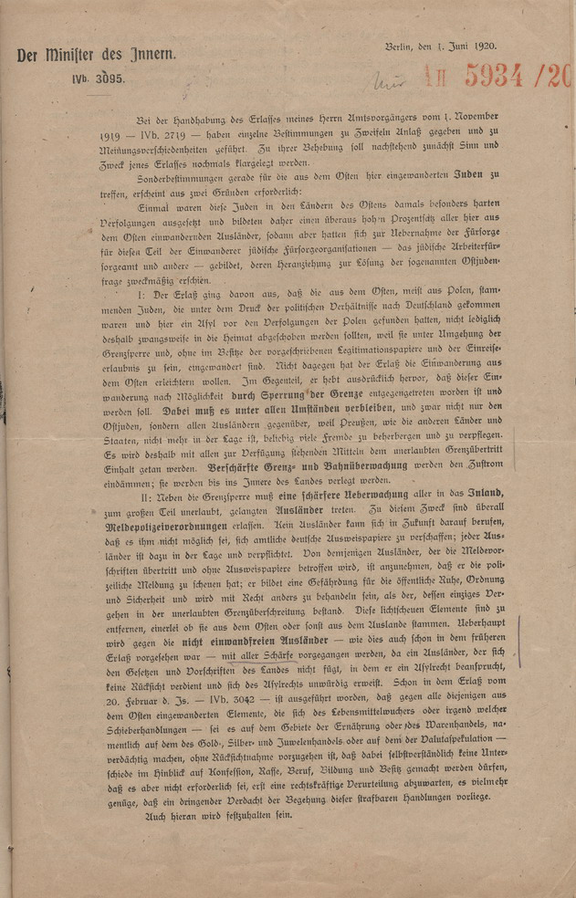 Erlass des Preußischen Ministers des Innern mit Sonderbestimmungen gegen die aus dem Osten eingewanderten Juden, 1. Juni 1920