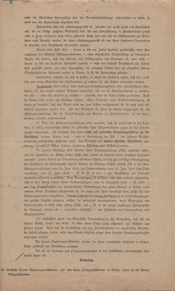 Erlass des Preußischen Ministers des Innern mit Sonderbestimmungen gegen die aus dem Osten eingewanderten Juden, 1. Juni 1920
