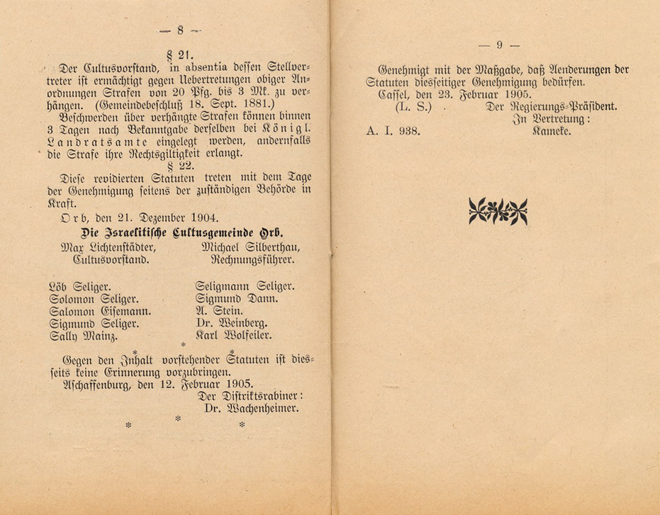 Statuten der Synagogengemeinde in Bad Orb, 23. Februar 1905