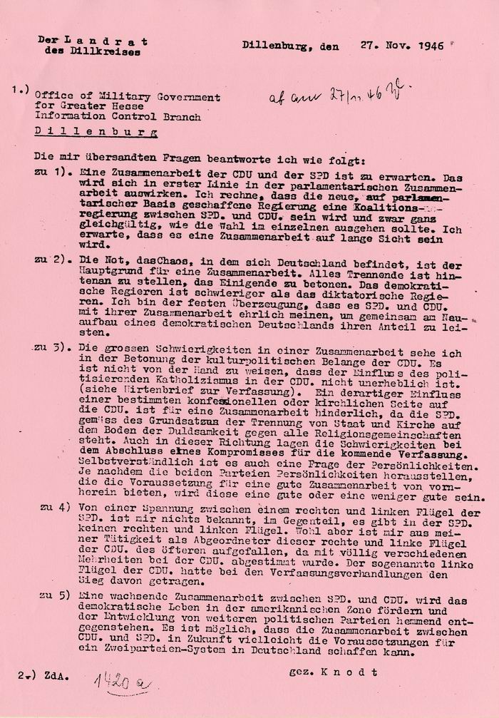 Bericht des Landrats K. Knodt aus Dillenburg über die zu erwartende Koalition von SPD und CDU