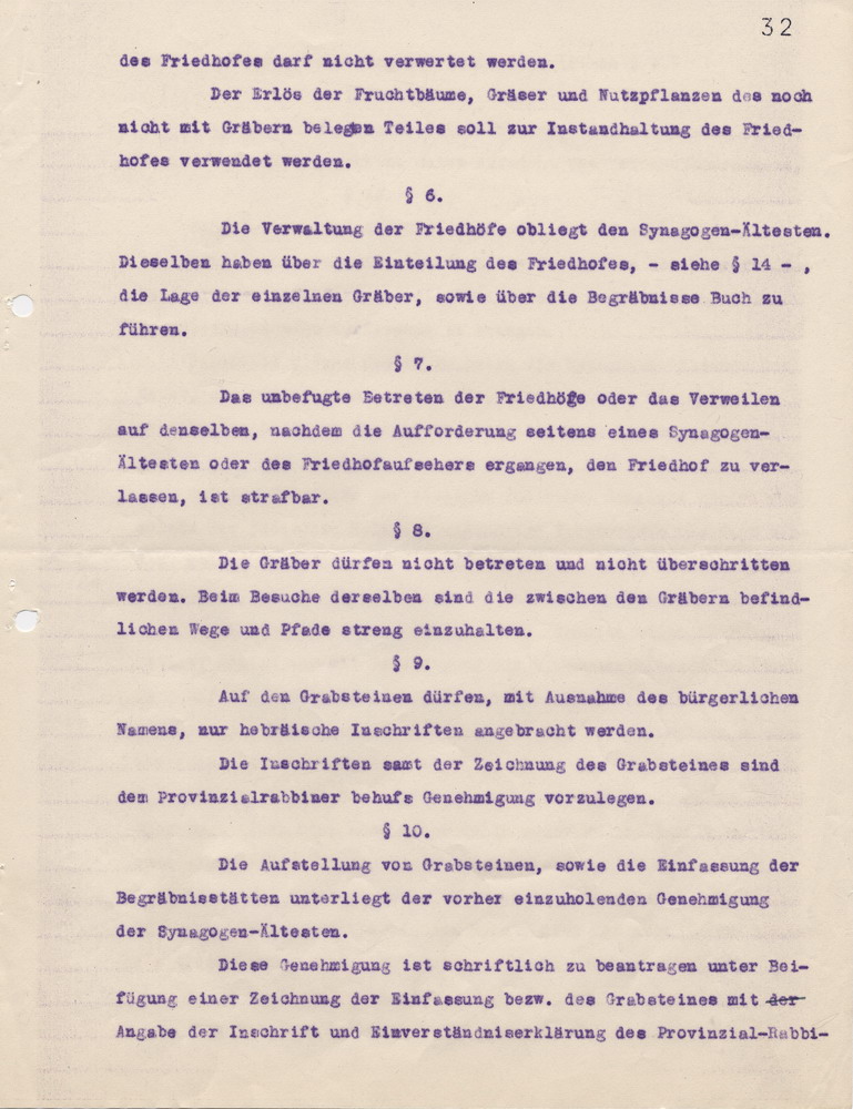 Abschrift der Friedhofs- und Begräbnisordnung der jüdischen Gemeinde zu Fulda, 28. September 1932