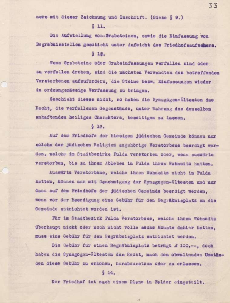 Abschrift der Friedhofs- und Begräbnisordnung der jüdischen Gemeinde zu Fulda, 28. September 1932