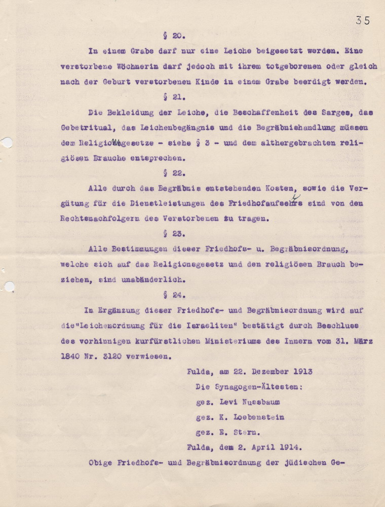 Abschrift der Friedhofs- und Begräbnisordnung der jüdischen Gemeinde zu Fulda, 28. September 1932