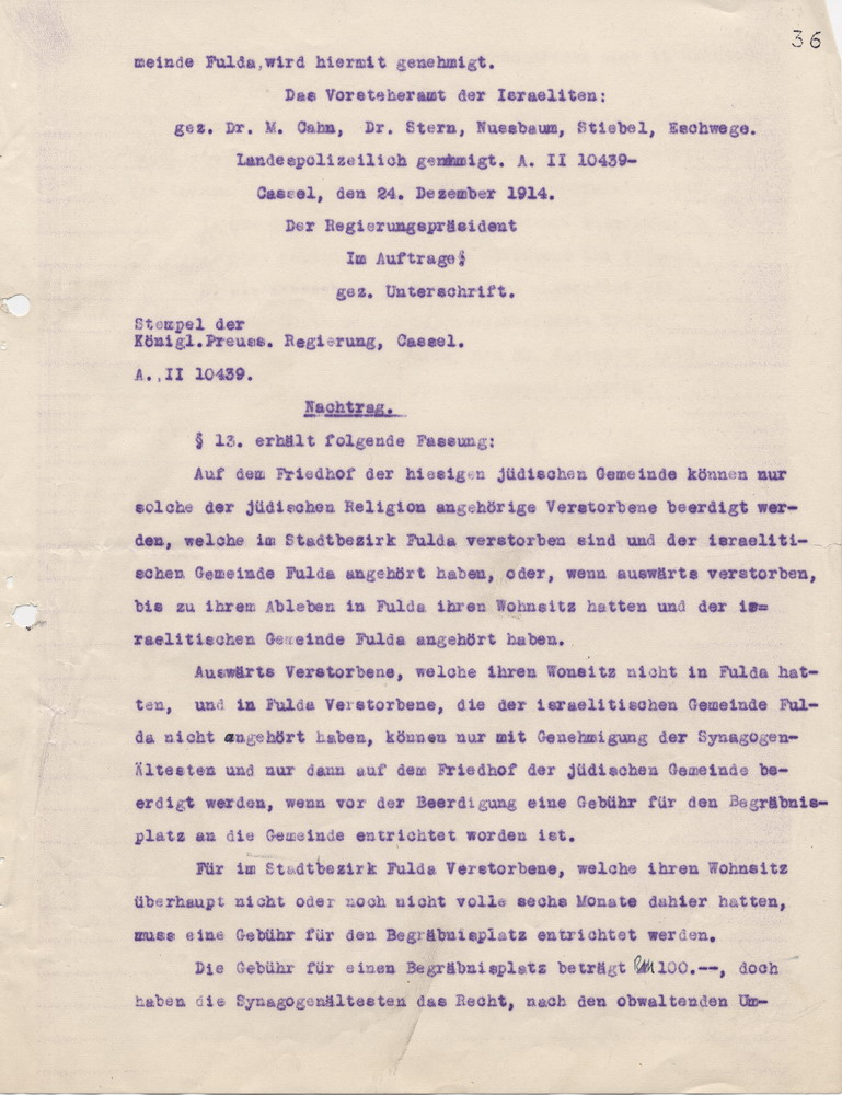 Abschrift der Friedhofs- und Begräbnisordnung der jüdischen Gemeinde zu Fulda, 28. September 1932