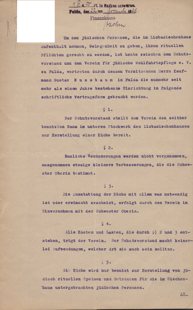 Vertrag zur finanziellen  Absicherung der Einhaltung ritueller Pflichten im Liobasiechenhaus zu Fulda, 12. November 1926