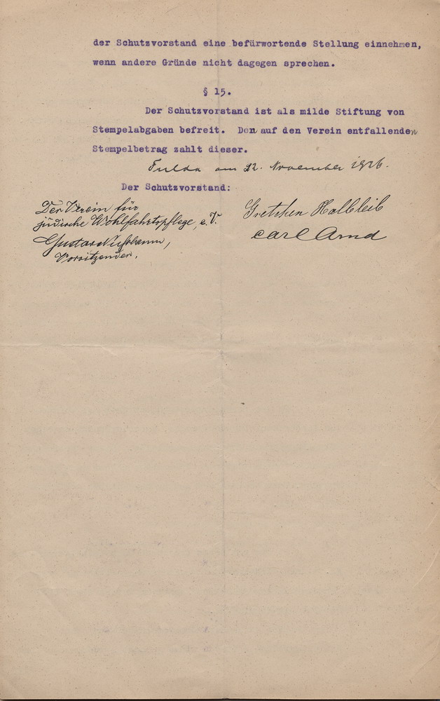 Vertrag zur finanziellen  Absicherung der Einhaltung ritueller Pflichten im Liobasiechenhaus zu Fulda, 12. November 1926
