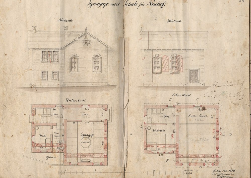 Plan, Grund- und Aufrisse zum Bau einer Synagoge, einer Schule und eines rituellen Bades in Neuhof, Kreis Fulda, 1874