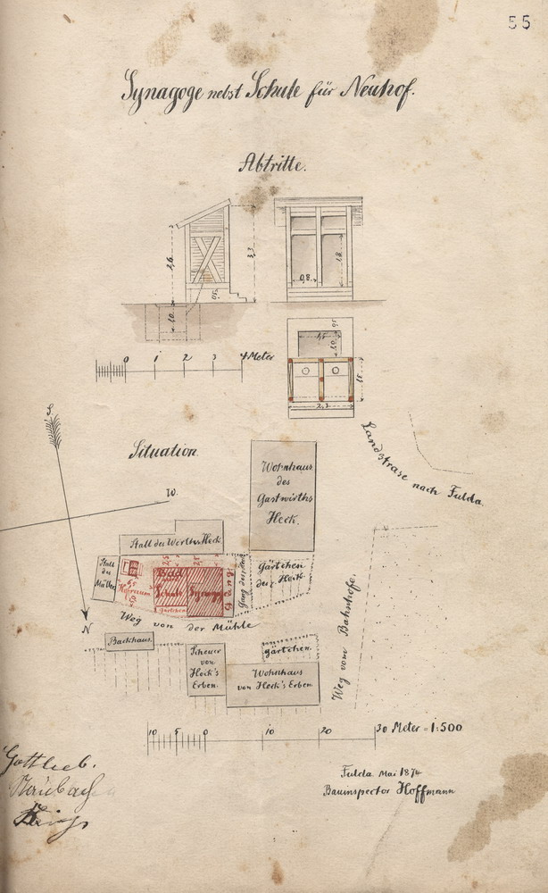 Plan, Grund- und Aufrisse zum Bau einer Synagoge, einer Schule und eines rituellen Bades in Neuhof, Kreis Fulda, 1874