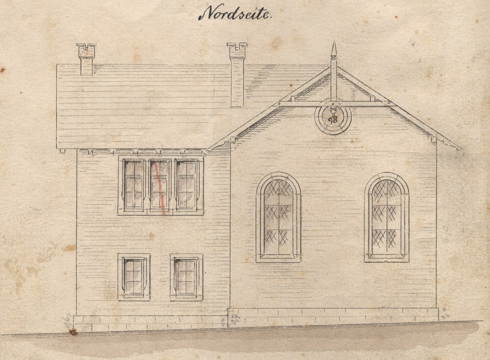 Plan, Grund- und Aufrisse zum Bau einer Synagoge, einer Schule und eines rituellen Bades in Neuhof, Kreis Fulda, 1874