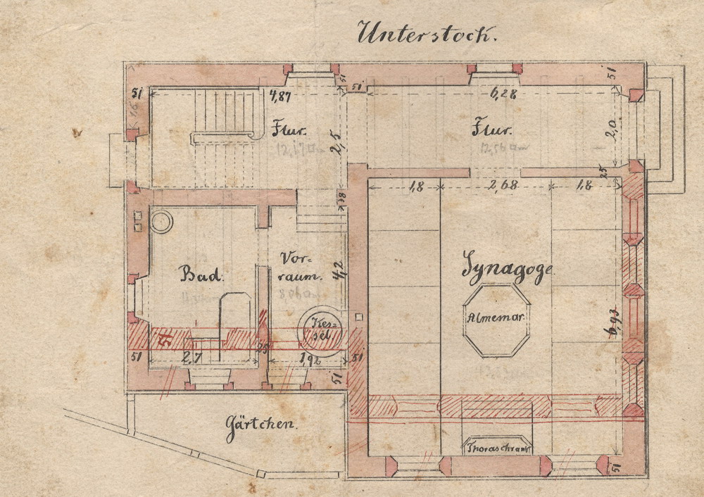 Plan, Grund- und Aufrisse zum Bau einer Synagoge, einer Schule und eines rituellen Bades in Neuhof, Kreis Fulda, 1874
