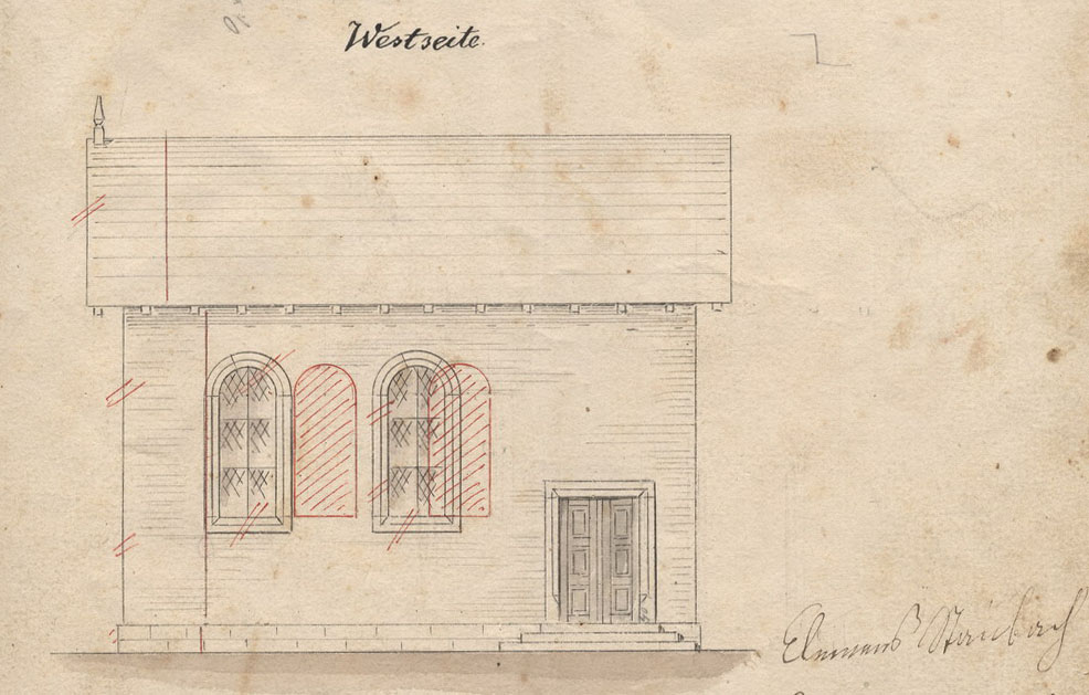 Plan, Grund- und Aufrisse zum Bau einer Synagoge, einer Schule und eines rituellen Bades in Neuhof, Kreis Fulda, 1874