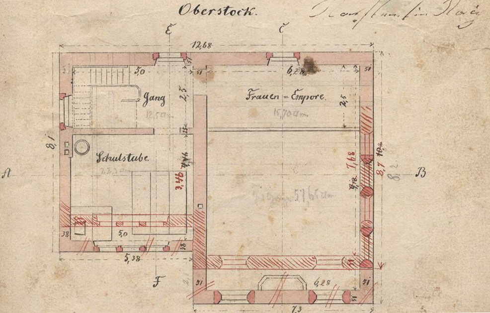 Plan, Grund- und Aufrisse zum Bau einer Synagoge, einer Schule und eines rituellen Bades in Neuhof, Kreis Fulda, 1874