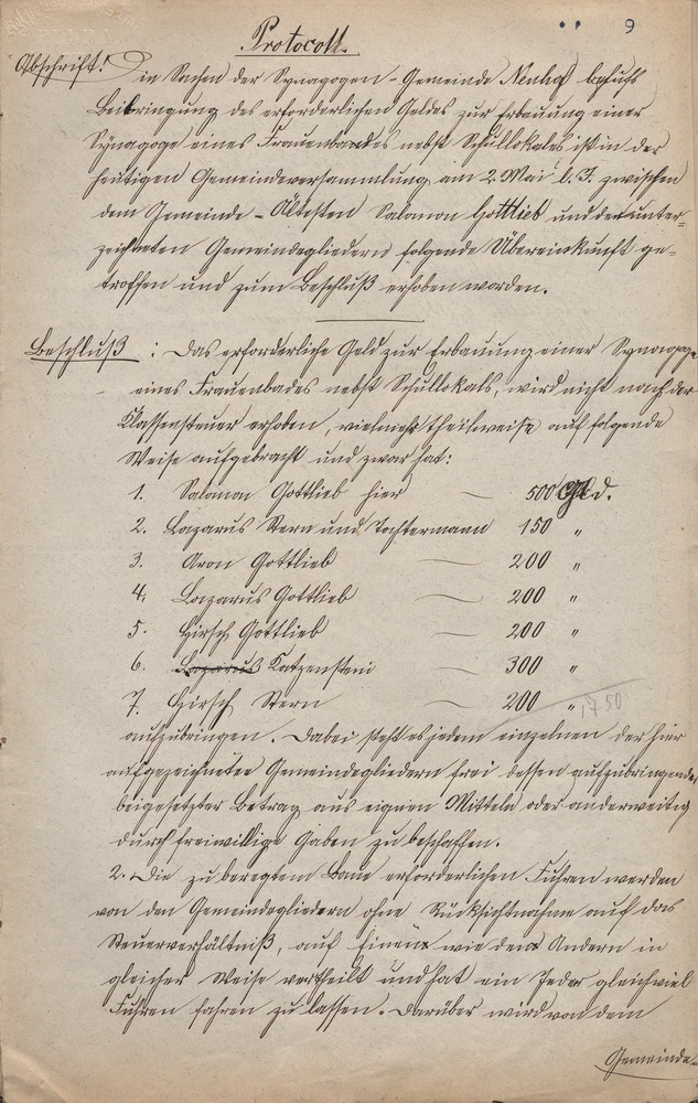 Protokoll über die Beschlussfassung zur Finanzierung des Synagogenbaus in Neuhof, 2. Mai 1875