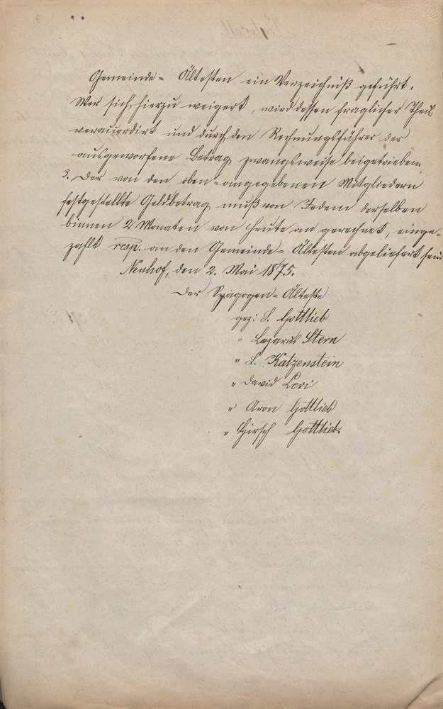 Protokoll über die Beschlussfassung zur Finanzierung des Synagogenbaus in Neuhof, 2. Mai 1875