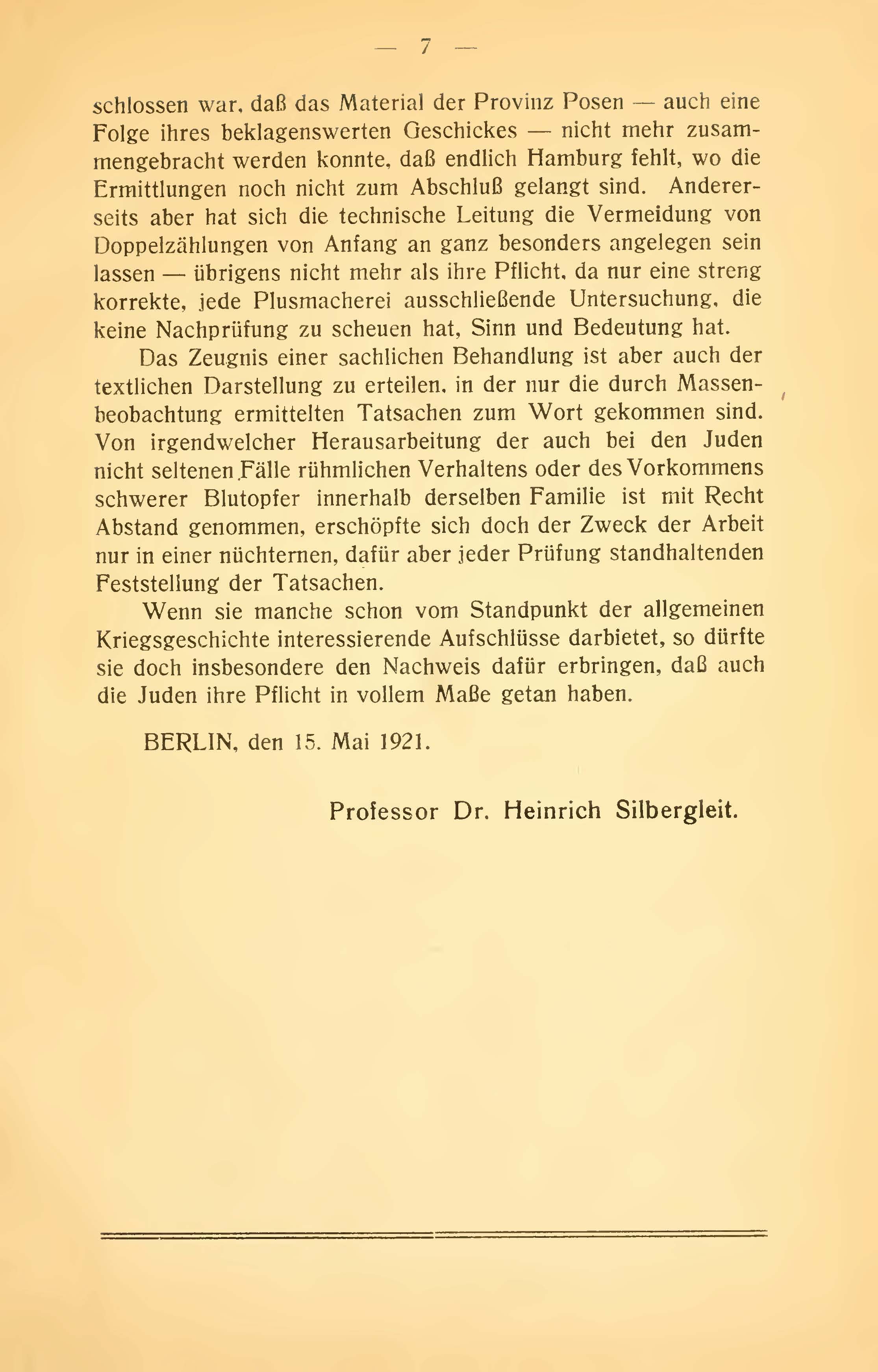 Vorwort von Prof. Silbergleit zur statistischen Studie "Die deutschen Juden als Soldaten im Kriege 1914/18" von Jacob Segall, 1922