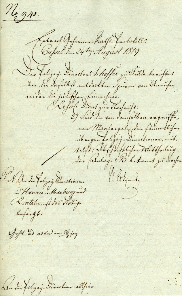 Extrakt aus dem geheimen Ratsprotokoll und Beilage B, ausgefertigt vom Polizeidirektor Scheffer, Fulda, vom 15. August 1819