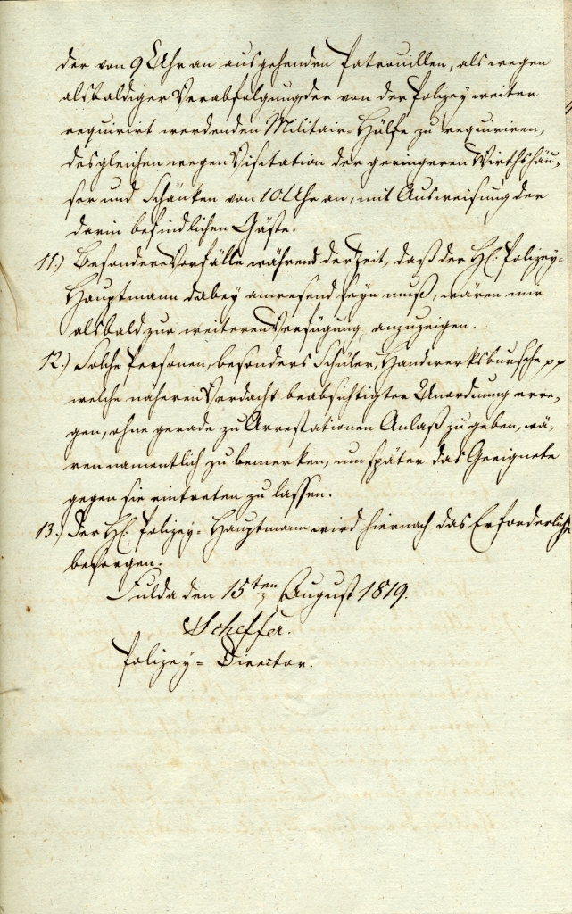 Extrakt aus dem geheimen Ratsprotokoll und Beilage B, ausgefertigt vom Polizeidirektor Scheffer, Fulda, vom 15. August 1819