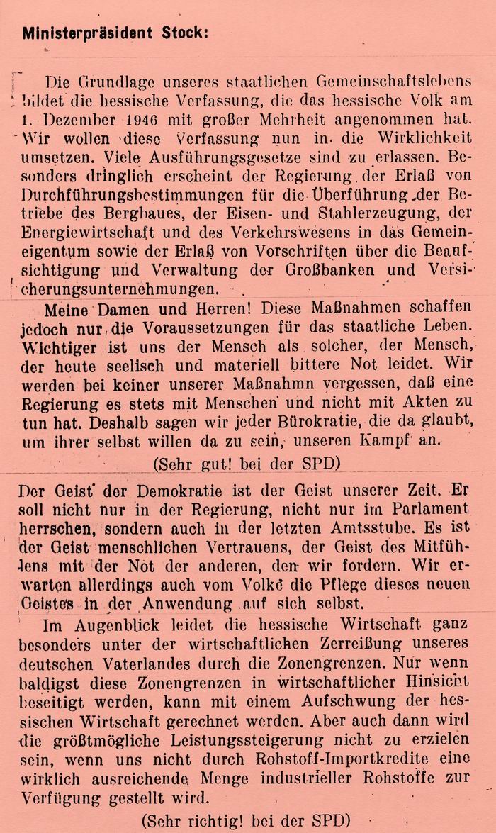 Auszug aus der Regierungserklärung des 1. gewählten hessischen Ministerpräsidenten Christian Stock vom 7. Januar 1947