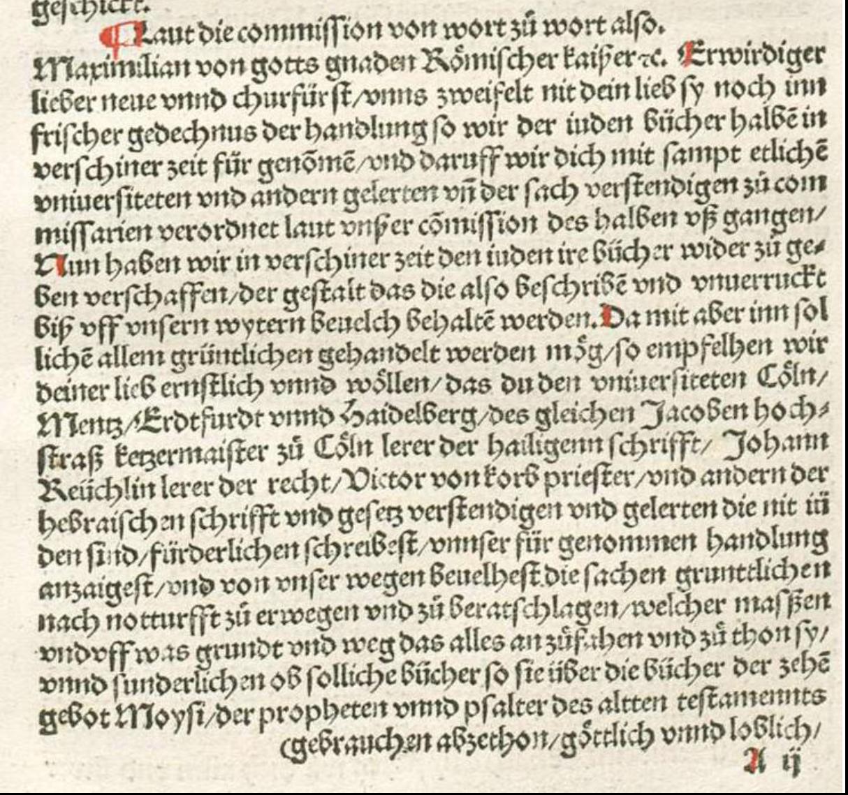 Brief Maximilians I. an Erzischof Uriel von Gemmingen mit einem Mandat zur Untersuchung der jüdischen Bücher (Auszüge aus Johannes Reuchlins Schrift "Augenspiegel", Tübingen 1511)