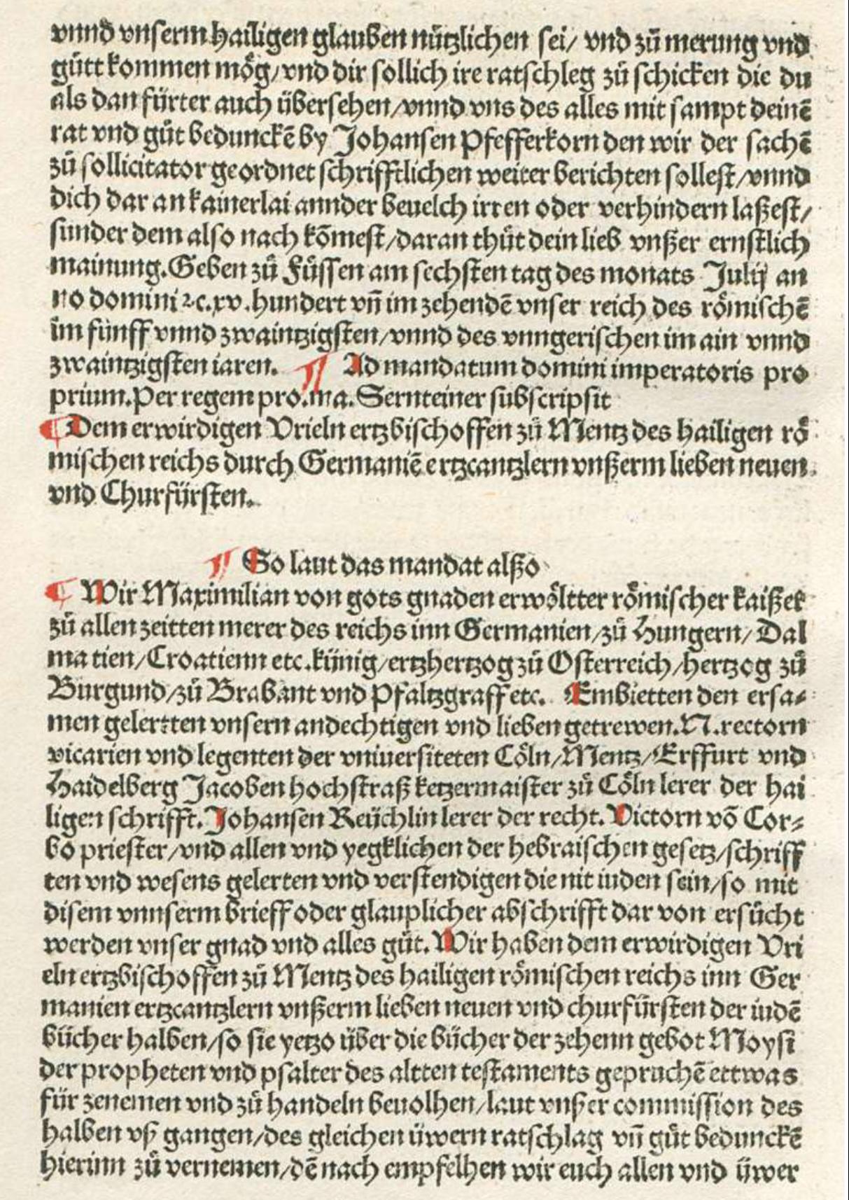 Brief Maximilians I. an Erzischof Uriel von Gemmingen mit einem Mandat zur Untersuchung der jüdischen Bücher (Auszüge aus Johannes Reuchlins Schrift "Augenspiegel", Tübingen 1511)
