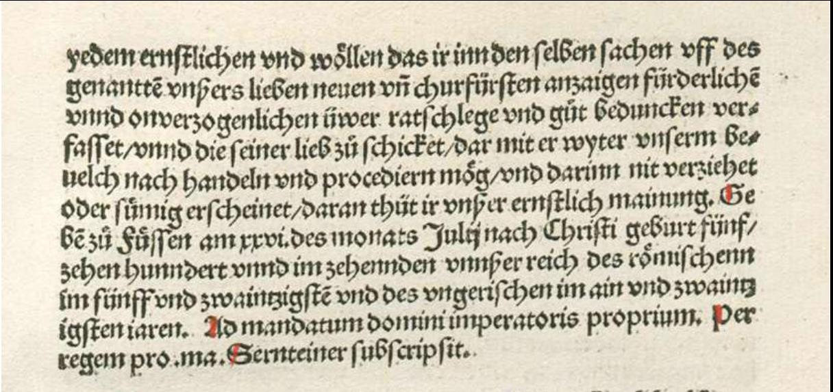 Brief Maximilians I. an Erzischof Uriel von Gemmingen mit einem Mandat zur Untersuchung der jüdischen Bücher (Auszüge aus Johannes Reuchlins Schrift "Augenspiegel", Tübingen 1511)