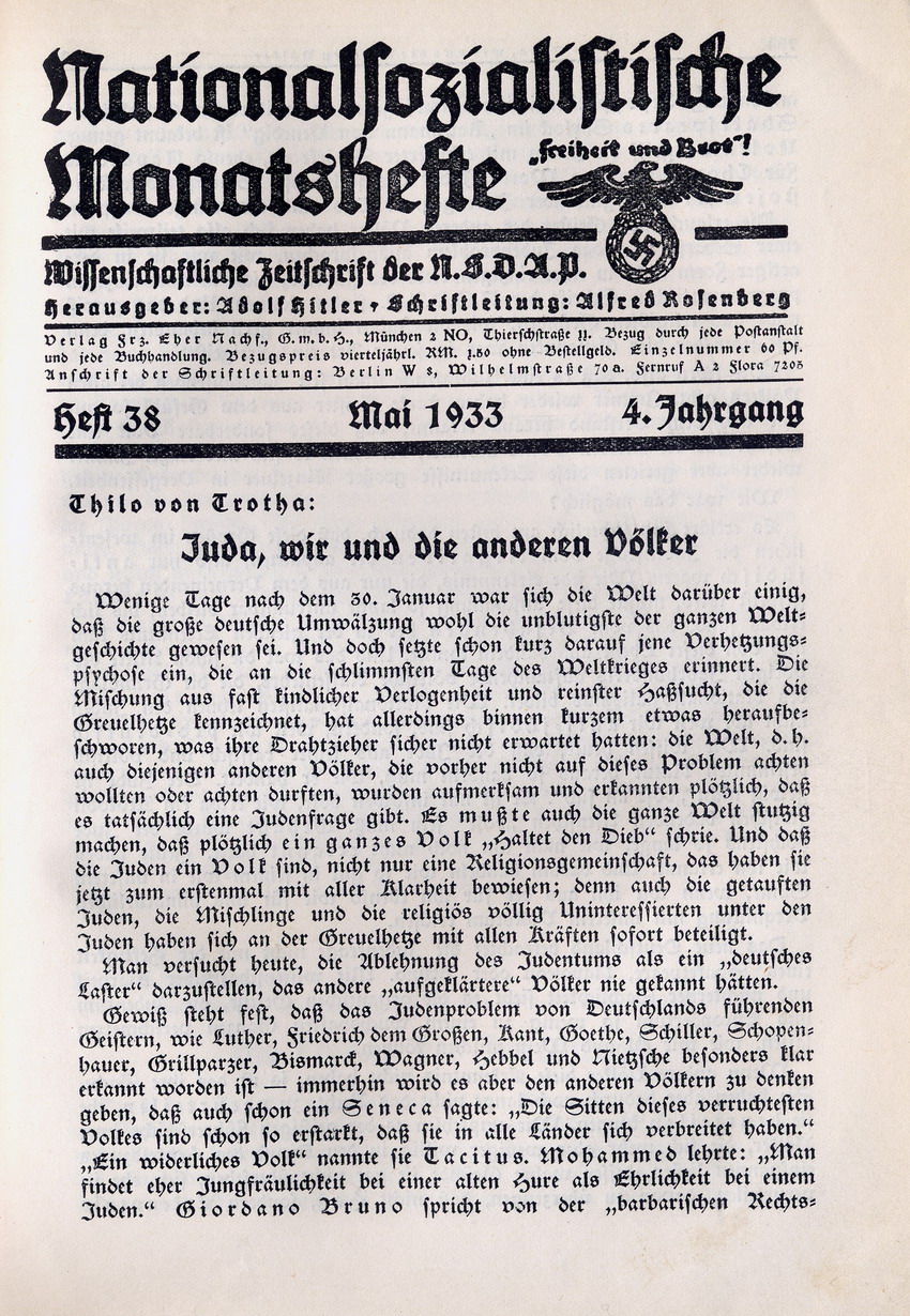 Die Rassenfrage und das neue Reich,  Nationalsozialistische Monatshefte 38, Mai 1933