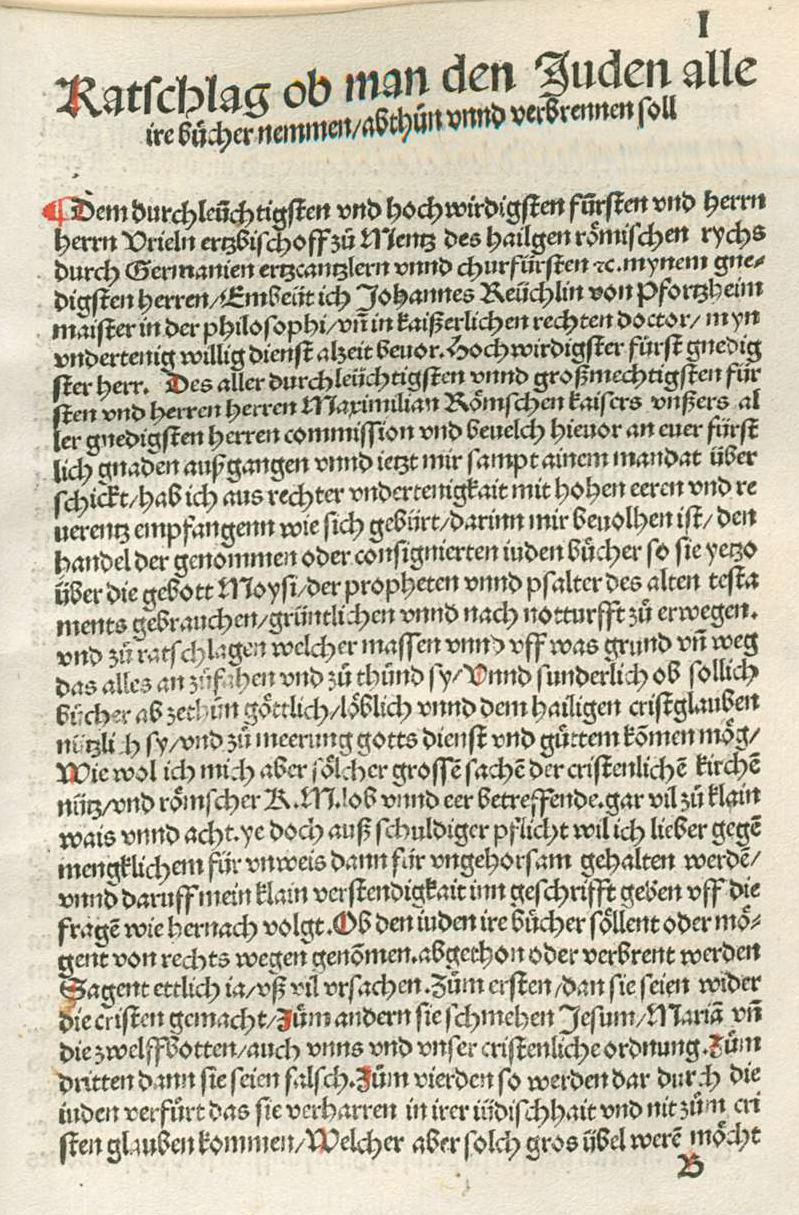 Das Gutachten Reuchlins, ob man den Juden ihre Bücher wegnehmen und verbrennen soll (Auszüge aus Johannes Reuchlins Schrift "Augenspiegel", Tübingen 1511)