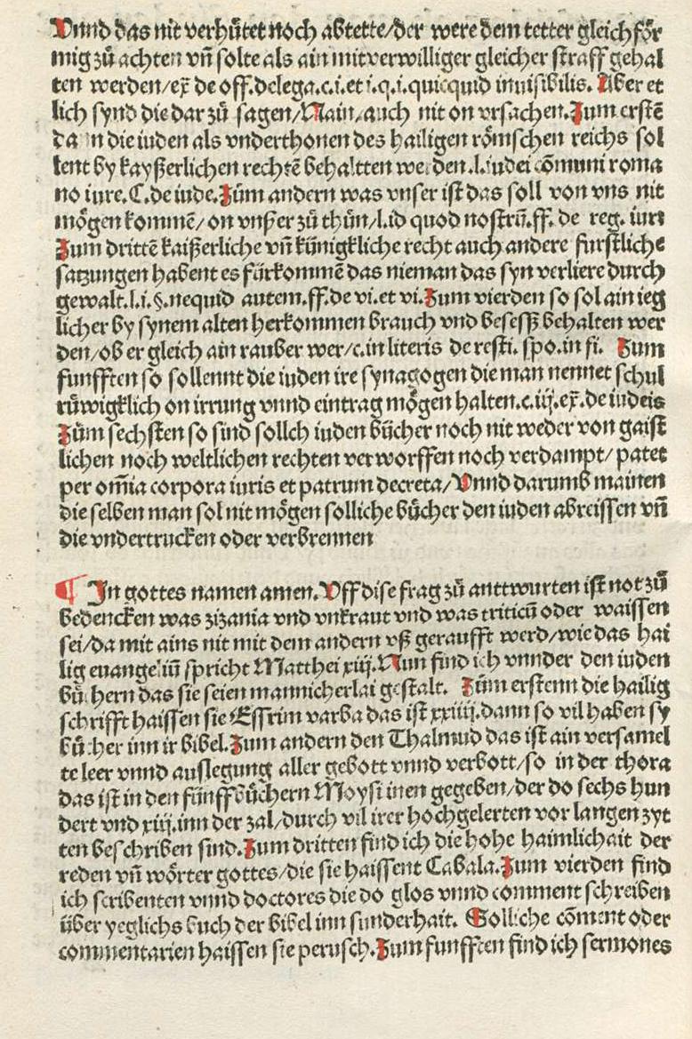 Das Gutachten Reuchlins, ob man den Juden ihre Bücher wegnehmen und verbrennen soll (Auszüge aus Johannes Reuchlins Schrift "Augenspiegel", Tübingen 1511)