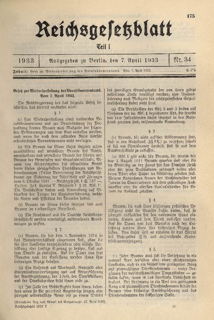 Gesetz zur Wiederherstellung des Berufsbeamtentums [mit Arierparagraph in § 3], 7. April 1933
