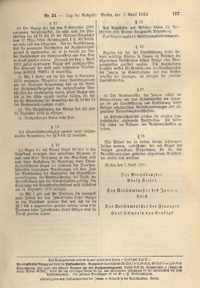 Gesetz zur Wiederherstellung des Berufsbeamtentums [mit Arierparagraph in § 3], 7. April 1933