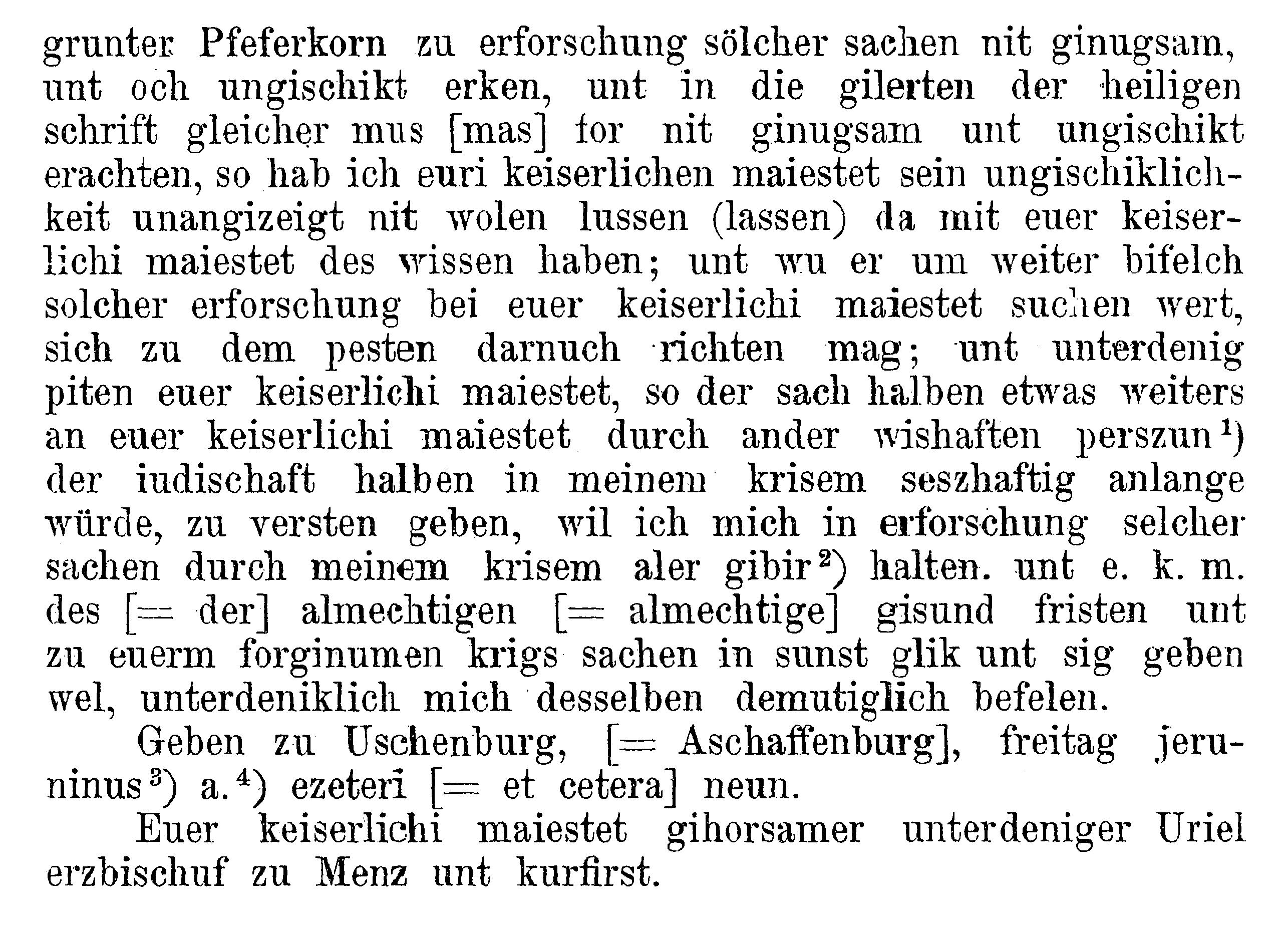 Brief Erzbischofs Uriel von Gemmingen an Kaiser Maximilian I., 05.10.1509