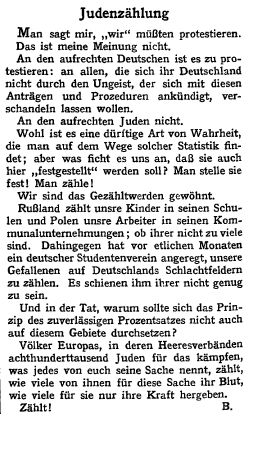Ausschnitt aus der Zeitschrift "Der Jude" zur Zählung der Juden im deutschen Heer, November 1916
