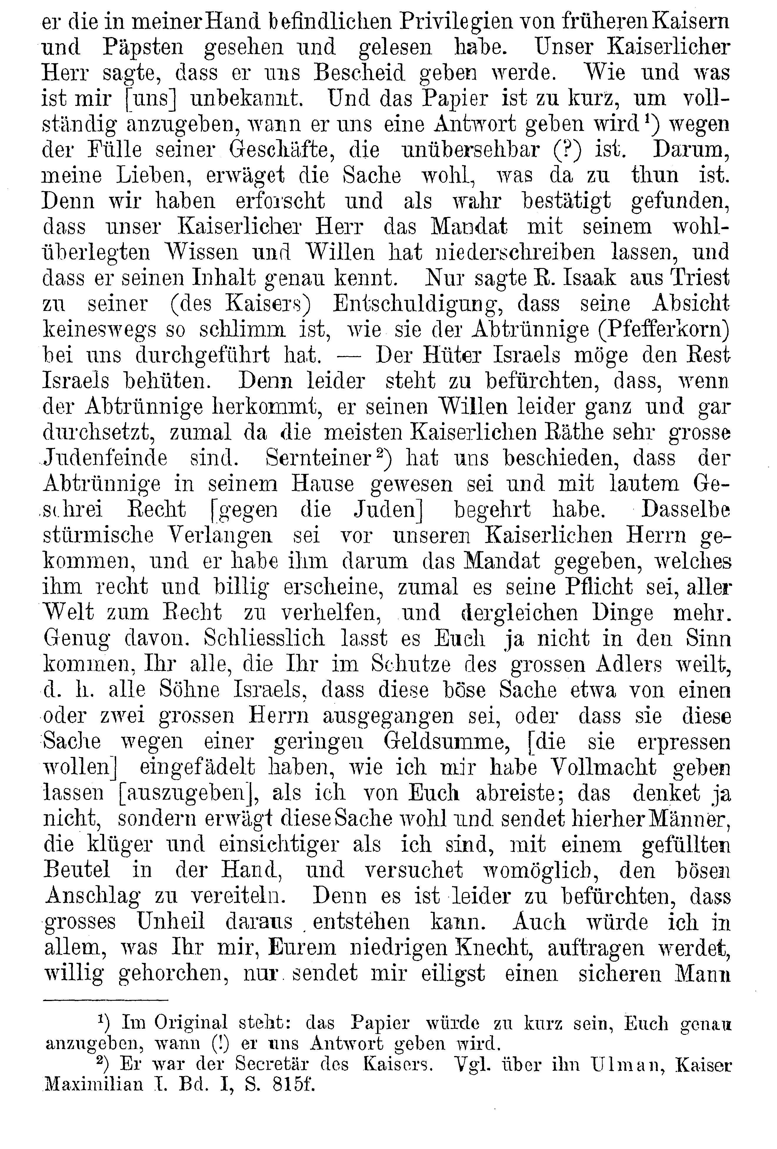 Aktenstücke zur Geschichte der Konfiskation der hebräischen Schriften in Frankfurt am Main (Teil 2):
Brief Jonathan Zions, des Gesandten der jüdischen Gemeinde in Frankfurt an den Kaiser, 15.11.1510