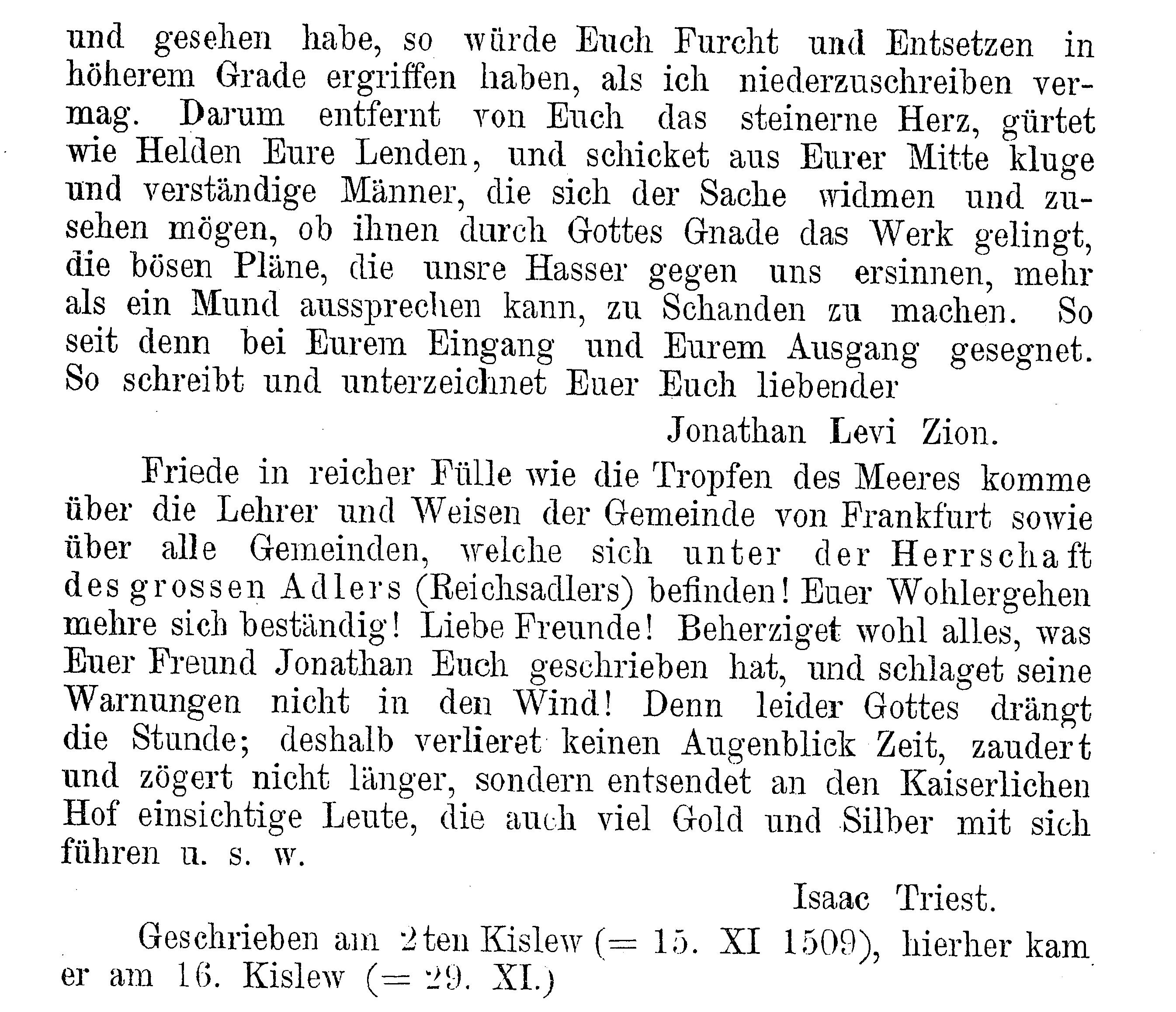 Aktenstücke zur Geschichte der Konfiskation der hebräischen Schriften in Frankfurt am Main (Teil 2):
Brief Jonathan Zions, des Gesandten der jüdischen Gemeinde in Frankfurt an den Kaiser, 15.11.1510