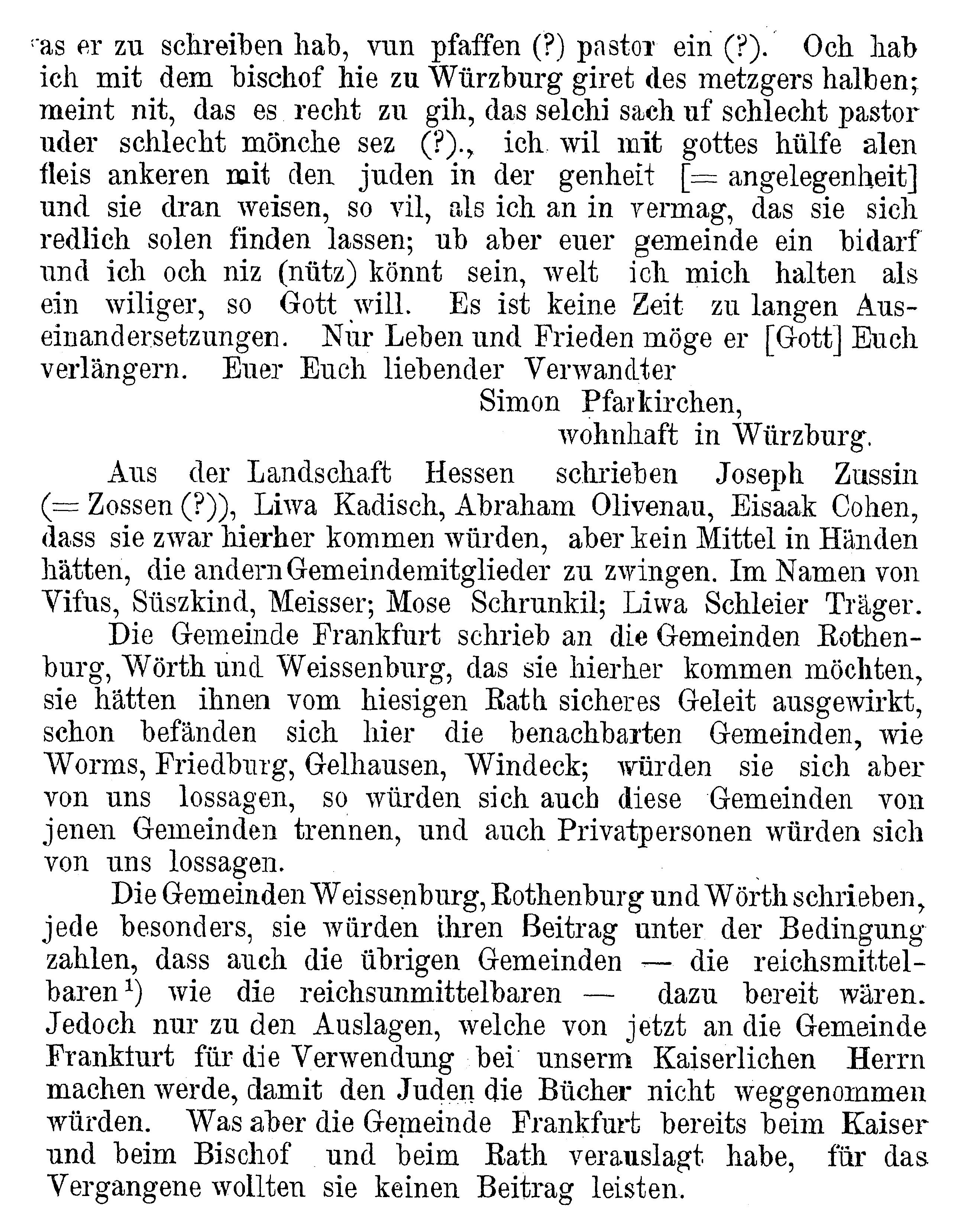 Aktenstücke zur Geschichte der Konfiskation der hebräischen Schriften in Frankfurt am Main (Teil 3):
Das Verhalten der Gemeinden in der Bücherangelegenheit; Schreiben eines Würzburgers an seine Verwandten in Frankfurt, 1510.