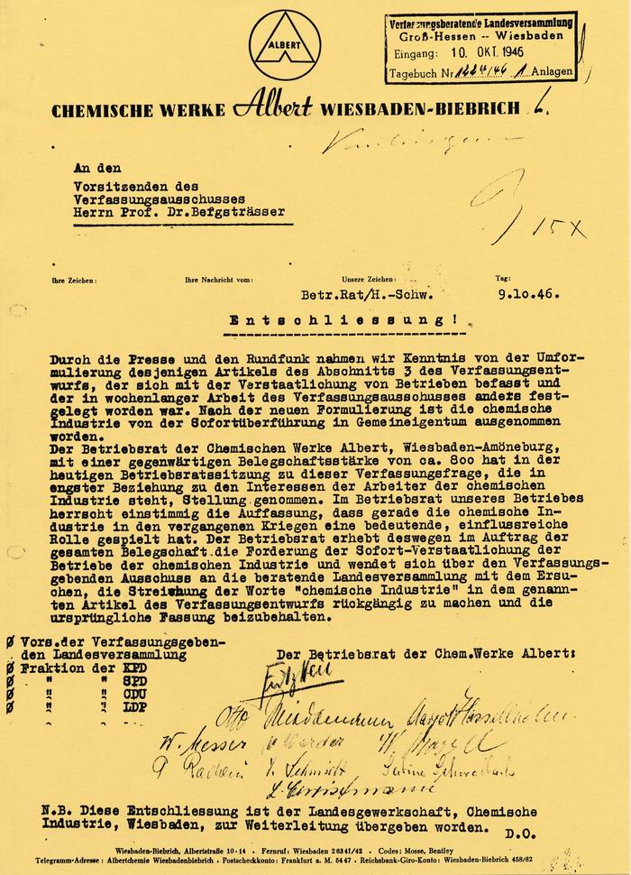 Schreiben des Betriebsrates der Chemischen Werke Albert an den Vorsitzenden des Verfassungsausschusses Prof. Bergsträsser: Entschließung zur Sofort-Verstaatlichung der Betriebe der chemischen Industrie