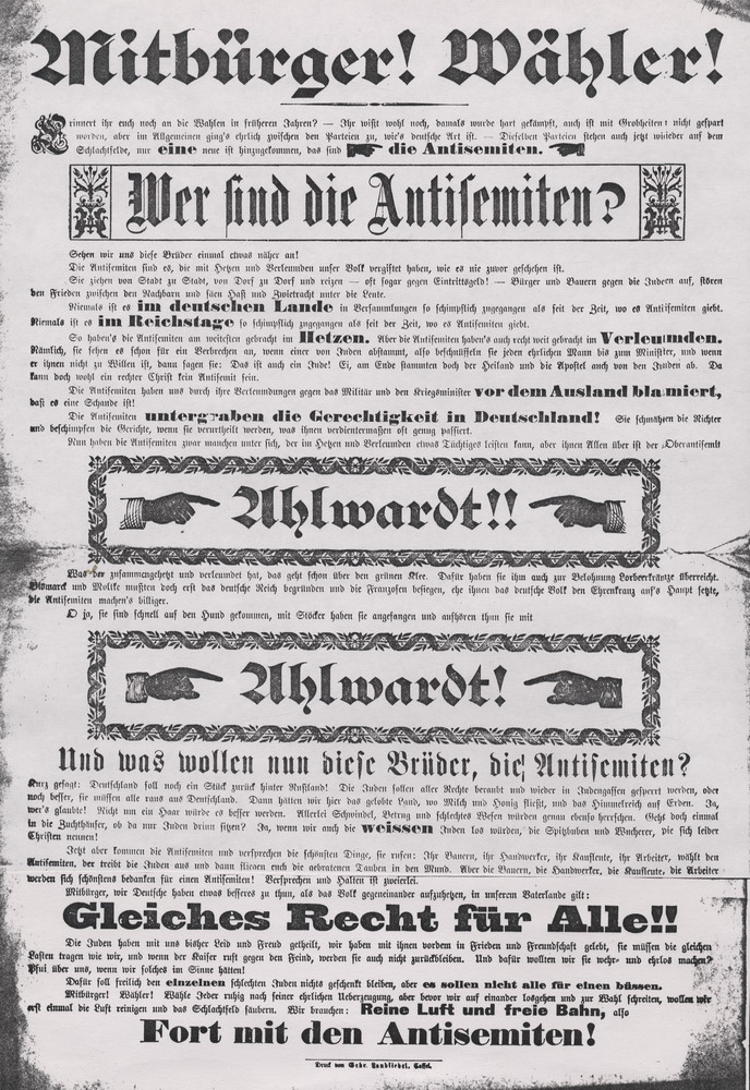 Plakat gegen das Auftreten der Antisemiten im Wahlkampf, 1887