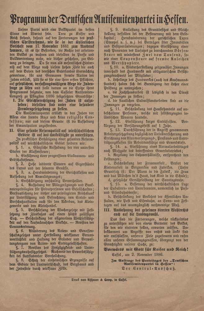 Programm der Deutschen Antisemitenpartei in Hessen, 2. November 1886