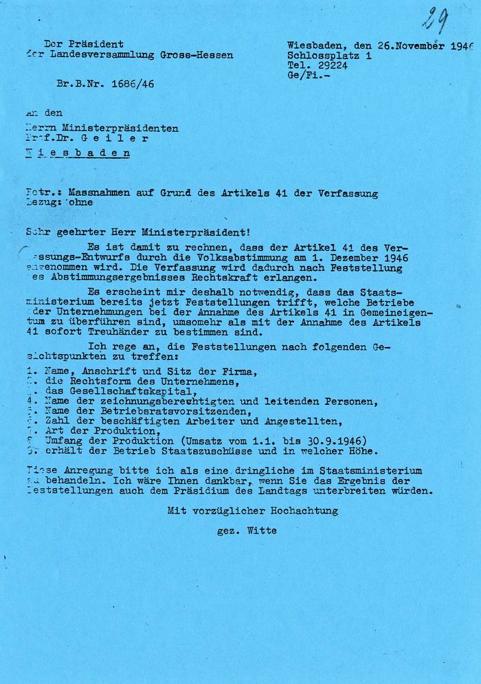 Schreiben des Präsidenten der Verfassungsberatenden Landesversammlung, O. Witte, an Ministerpräsident K. Geiler betr. Maßnahmen auf Grund des Artikels 41 der Verfassung vom 26. November 1946