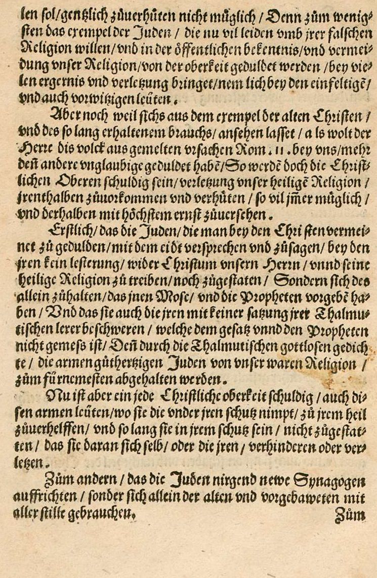 Auszüge aus Martin Bucers  "Von den jude[n], Ob vn[d] wie die vnder den Christe[n] zu halten sind, ein Rathschlag", 1538 [Druck: Straßburg 1539]