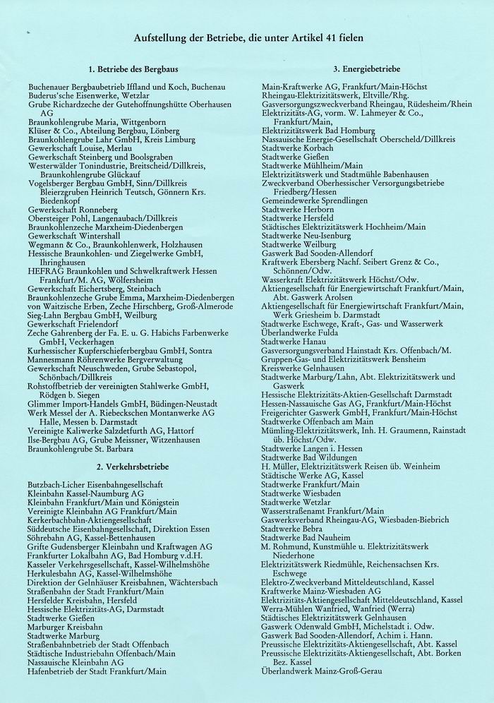 Liste der hessischen Betriebe, die unter Art. 41 (Überführung in Gemeineigentum) fielen