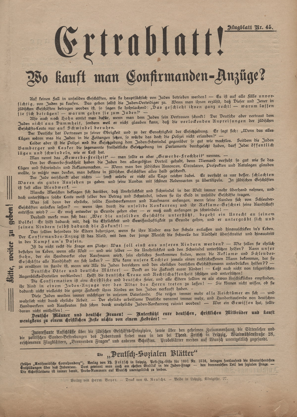 Flugblatt Nr. 45 in "Deutsch-Soziale Blätter" mit dem Titel: "Wo kauft man Confirmanden-Anzüge?",  1888