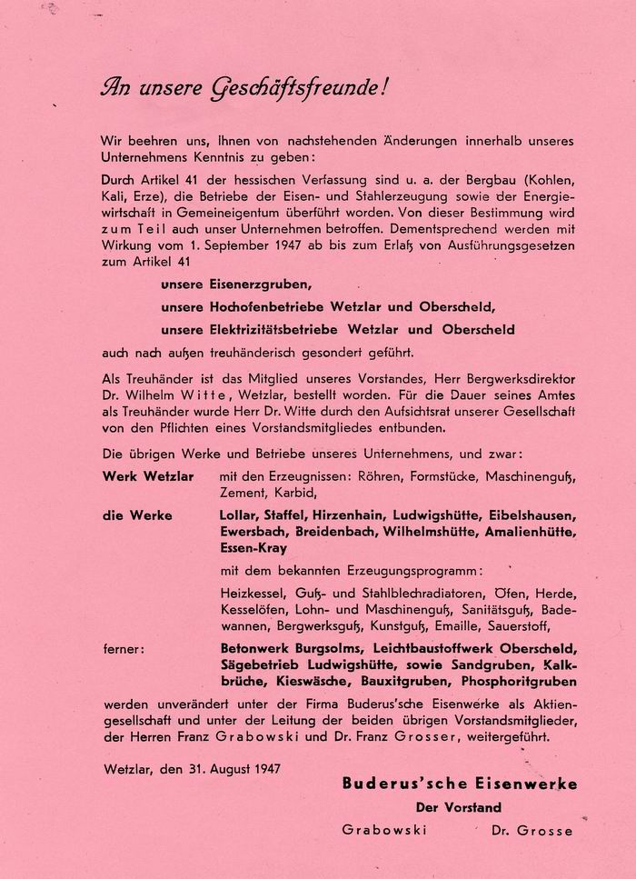 Mitteilung der Buderus AG in Wetzlar "An unsere Geschäftsfreunde" vom 31. August 1947 zur Treuhänderschaft über das Unternehmen.