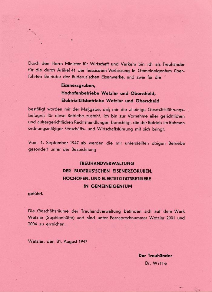 Mitteilung der Buderus AG in Wetzlar "An unsere Geschäftsfreunde" vom 31. August 1947 zur Treuhänderschaft über das Unternehmen.